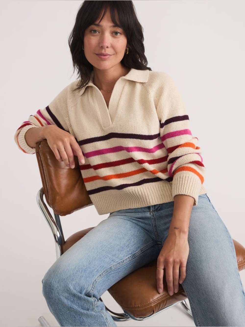 Marine Layer Claire Relaxed Sweater Polo Merino Wool Cotton L Warm Stripe NWT